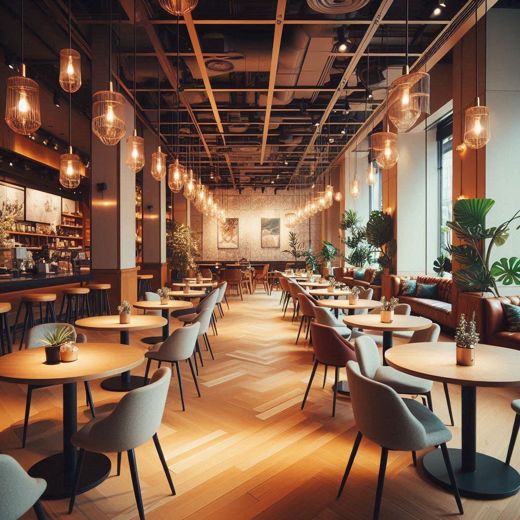 おしゃれなカフェの写真 テーブルがならんでいて、スターバックスのようなイメージ 観葉植物もあり、穏やかな雰囲気 おしゃれなカフェの写真 テーブルがならんでいて、スターバックスのようなイメージ 観葉植物もあり、穏やかな雰囲気