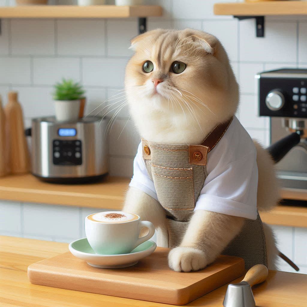 A beige Scottish Fold cat wearing an apron, preparing a cafe latte for a cafe website A beige Scottish Fold cat wearing an apron, preparing a cafe latte for a cafe website