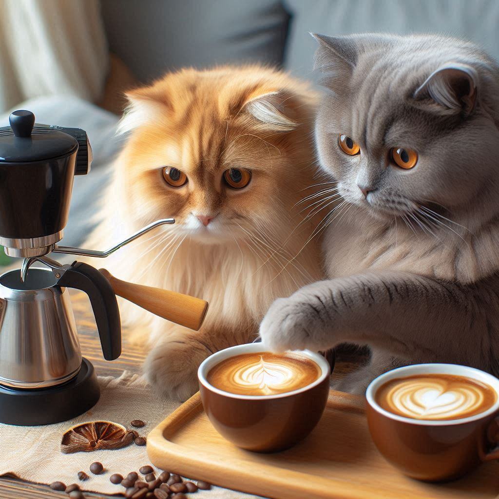 A beige Scottish Fold longhair cat and a gray British Longhair cat making coffee A beige Scottish Fold longhair cat and a gray British Longhair cat making coffee