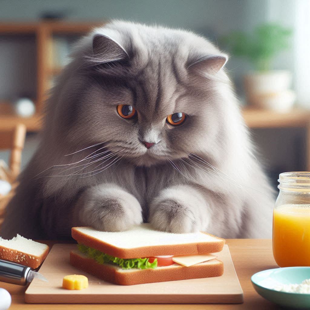 A gray British Longhair cat making a sandwich for a cat-run café website A gray British Longhair cat making a sandwich for a cat-run café website