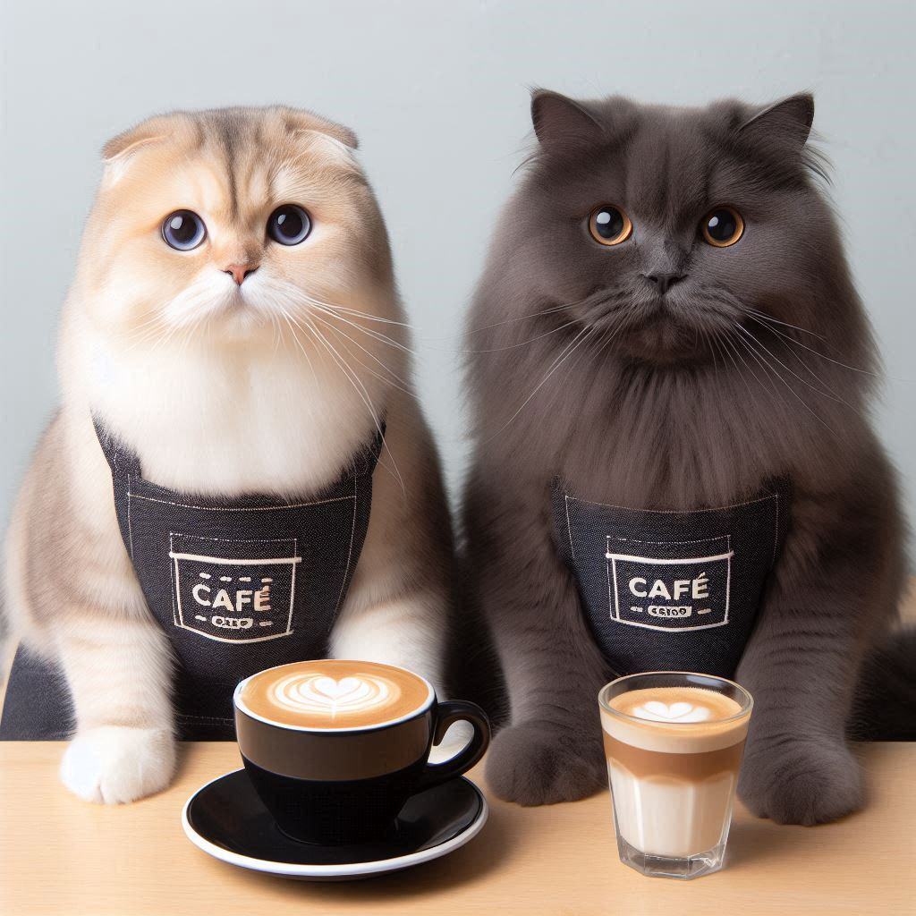 A beige Scottish Fold and a dark gray British Longhair cat in aprons, making a latte for a café website called Cafe Cat