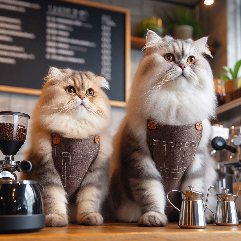 A beige Scottish Fold longhair cat and a gray British Longhair cat wearing aprons, brewing coffee at a cafe stand A beige Scottish Fold longhair cat and a gray British Longhair cat wearing aprons, brewing coffee at a cafe stand