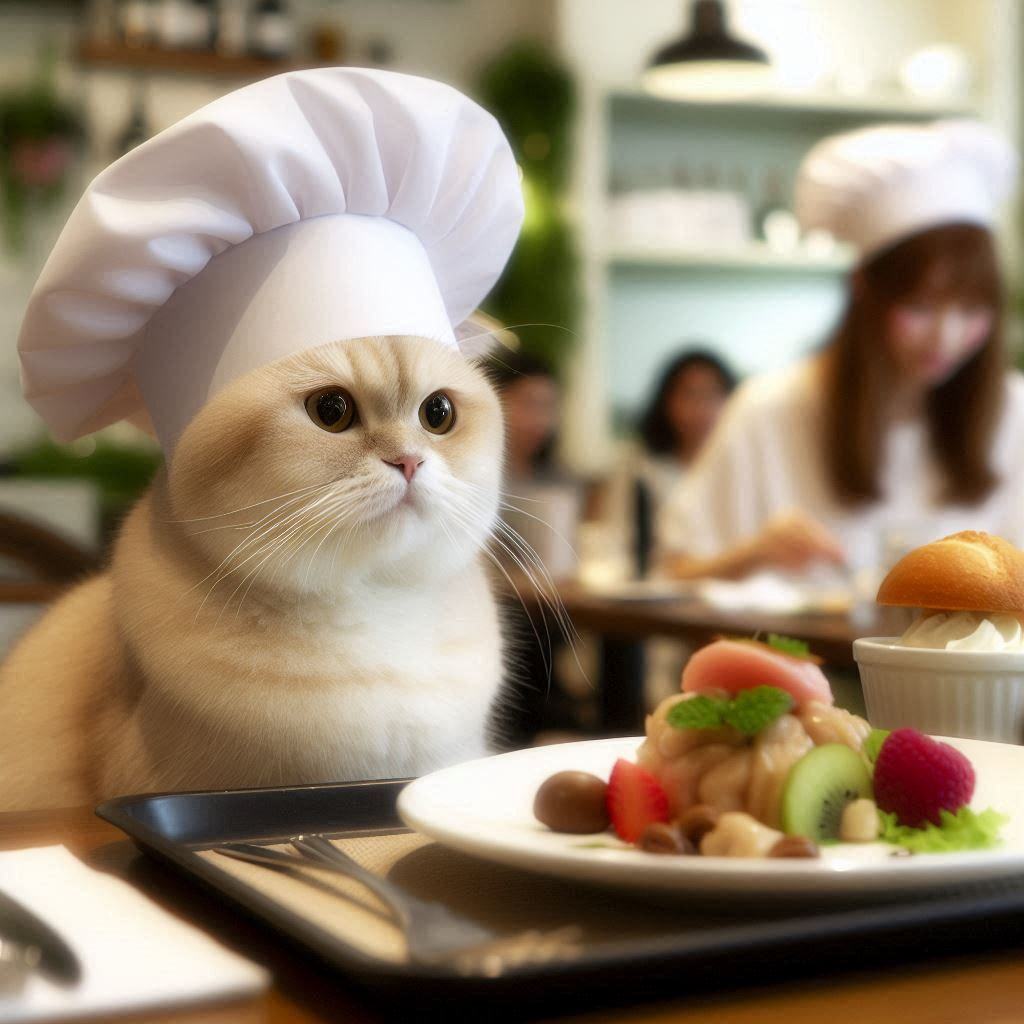 Charo, a cream-colored Scottish Fold cat chef, with a calm and laid-back personality, enjoying gourmet food in a café setting