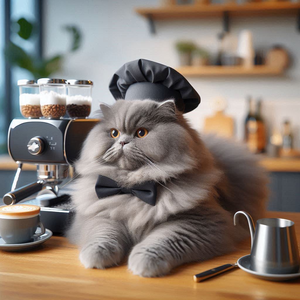 laluvi, a gray British Longhair barista, lively and sociable